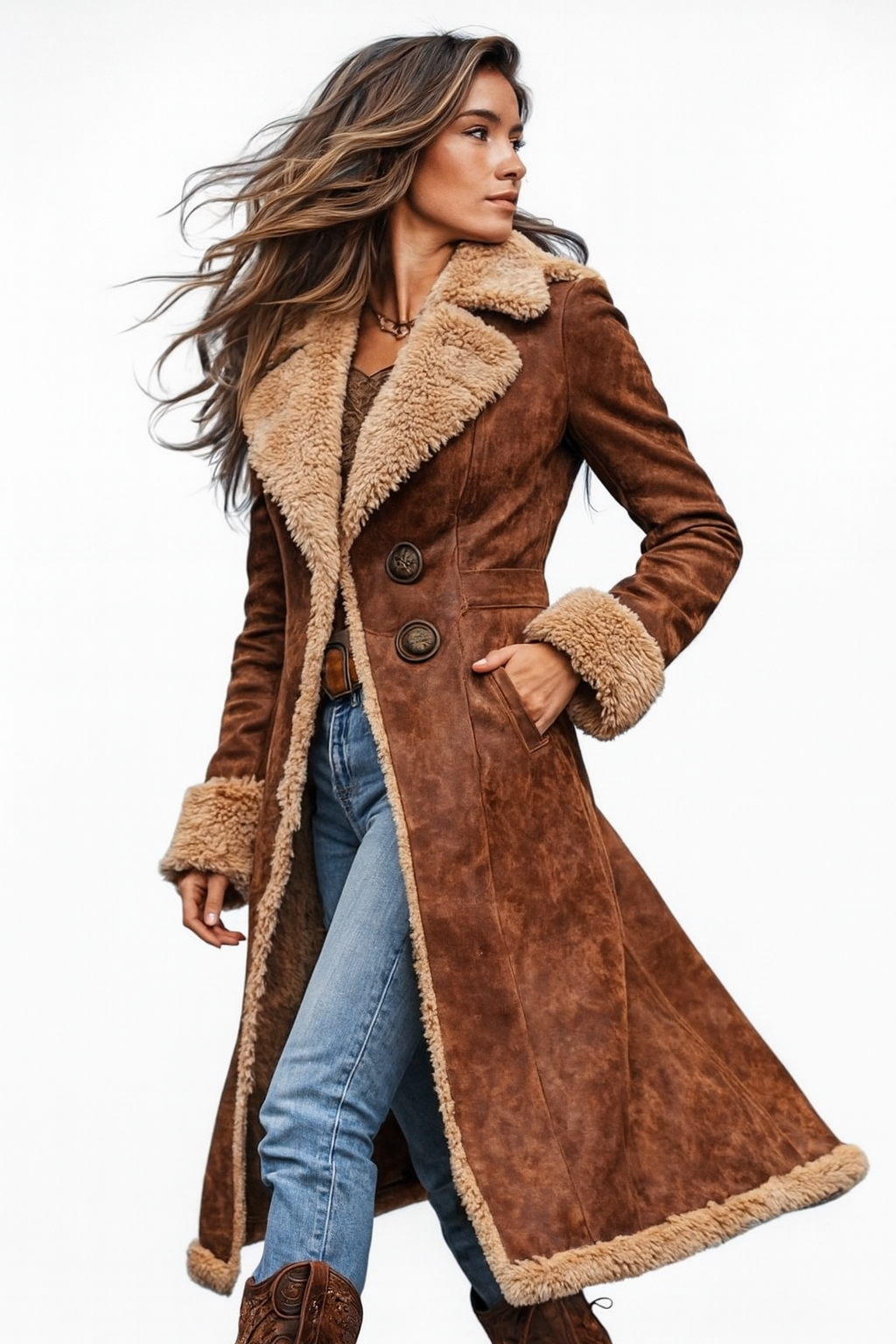 Renee - Vrouwen Shearling Jas met Contrast Shearling Voering en Afwerking
