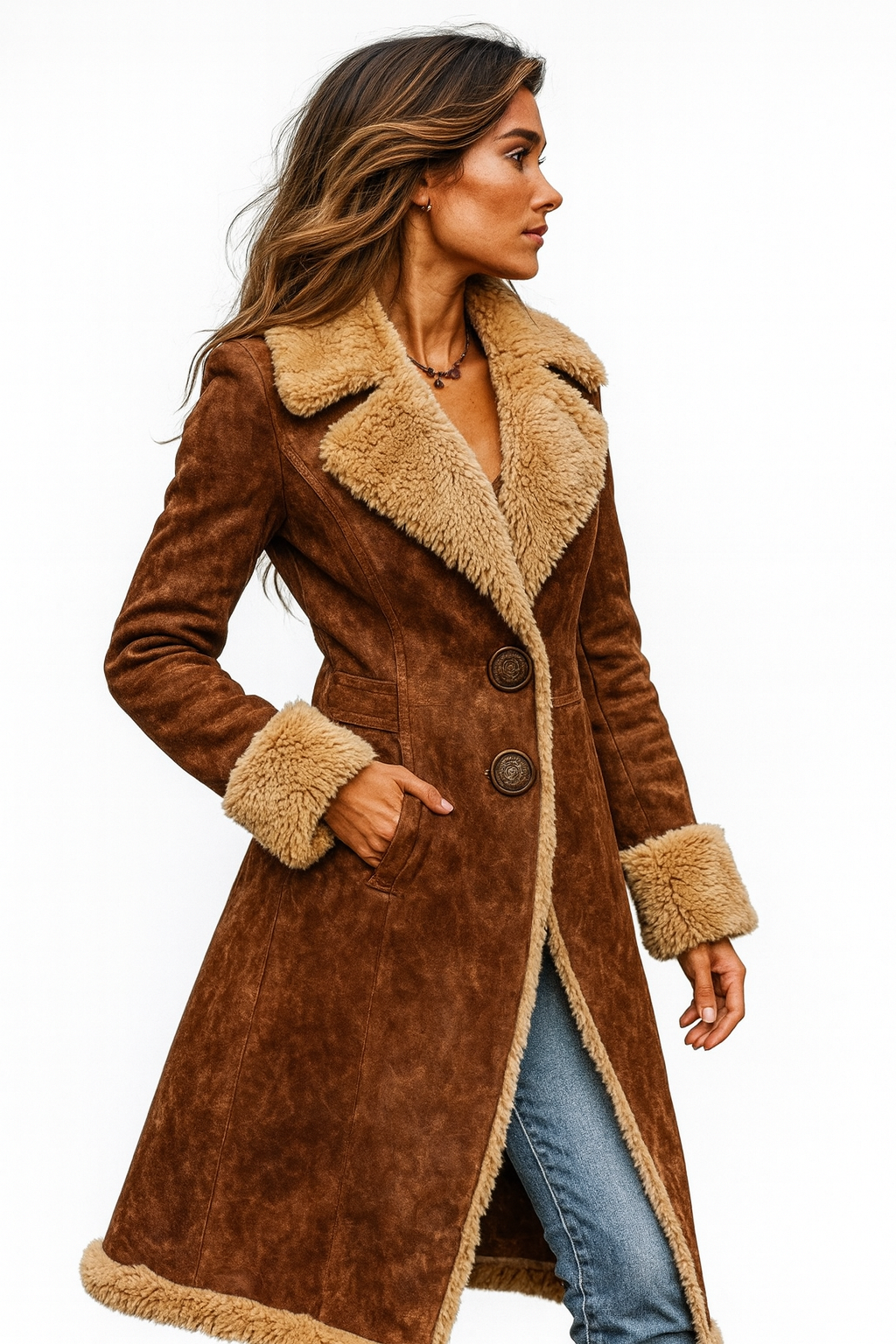 Renee - Vrouwen Shearling Jas met Contrast Shearling Voering en Afwerking